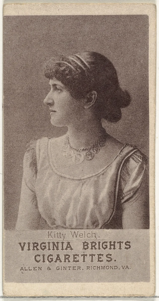 Kitty Welch, from the Actresses series (N67) promoting Virginia Brights Cigarettes for Allen & Ginter brand tobacco products by Allen & Ginter, print, 1885-1893