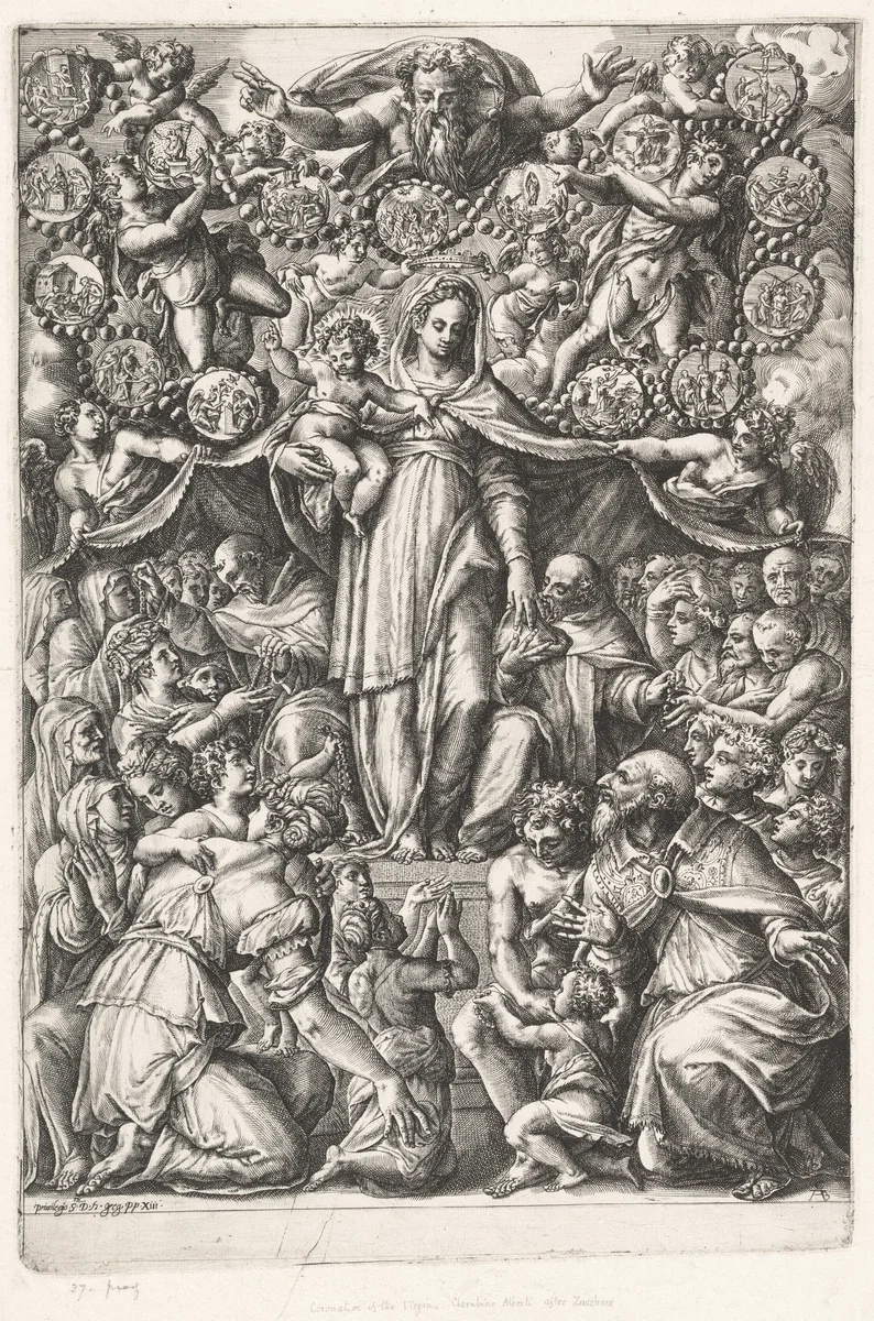 The Virgin of the Rosary with Saint Dominic and a Monk by Cherubino Alberti, print, 1565-1575