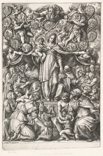 The Virgin of the Rosary with Saint Dominic and a Monk by Cherubino Alberti, print, 1565-1575