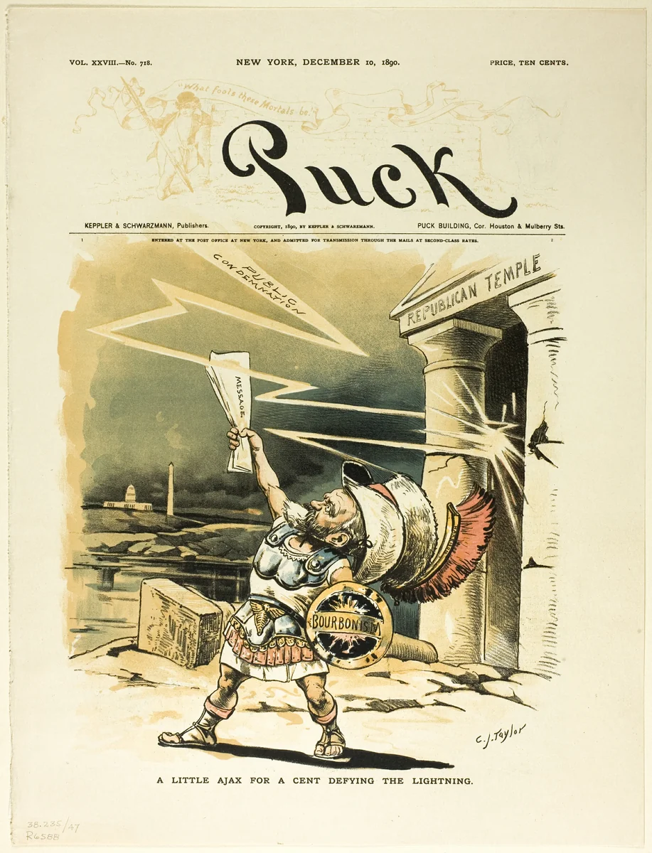 A Little Ajax for a Cent Defying the Lightning, from Puck by C. Jay Taylor, print, 1890