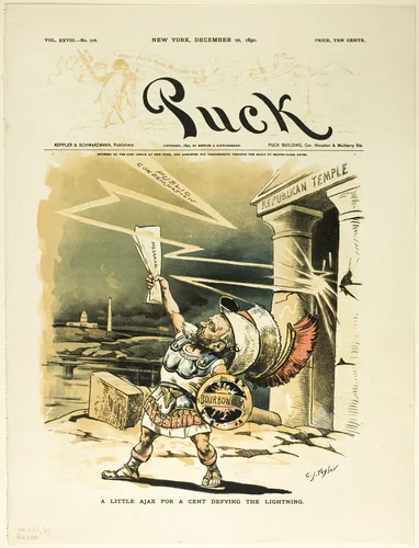 A Little Ajax for a Cent Defying the Lightning, from Puck by C. Jay Taylor, print, 1890