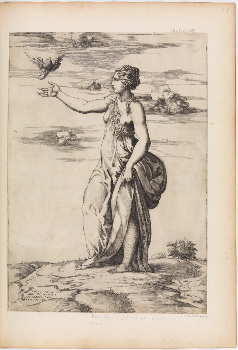 Proserpine Changing Aesculapius into an Owl by Enea Vico, print, 1548
