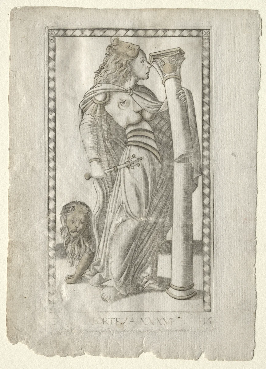 Forteza (from the Tarocchi, series B: Cosmic Principles & Virtues, #36) by Master of the E-Series Tarocchi, print, 1457-1467