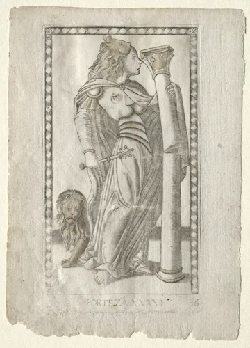 Forteza (from the Tarocchi, series B: Cosmic Principles & Virtues, #36) by Master of the E-Series Tarocchi, print, 1457-1467