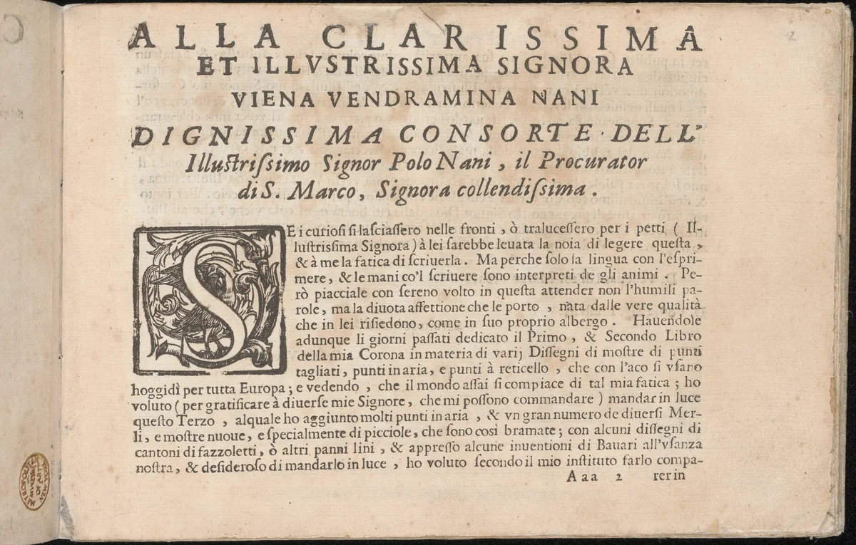 Corona delle Nobile et Virtuose Donne, Libro Terzo, page 2 (recto) by Cesare Vecellio, book, 1620