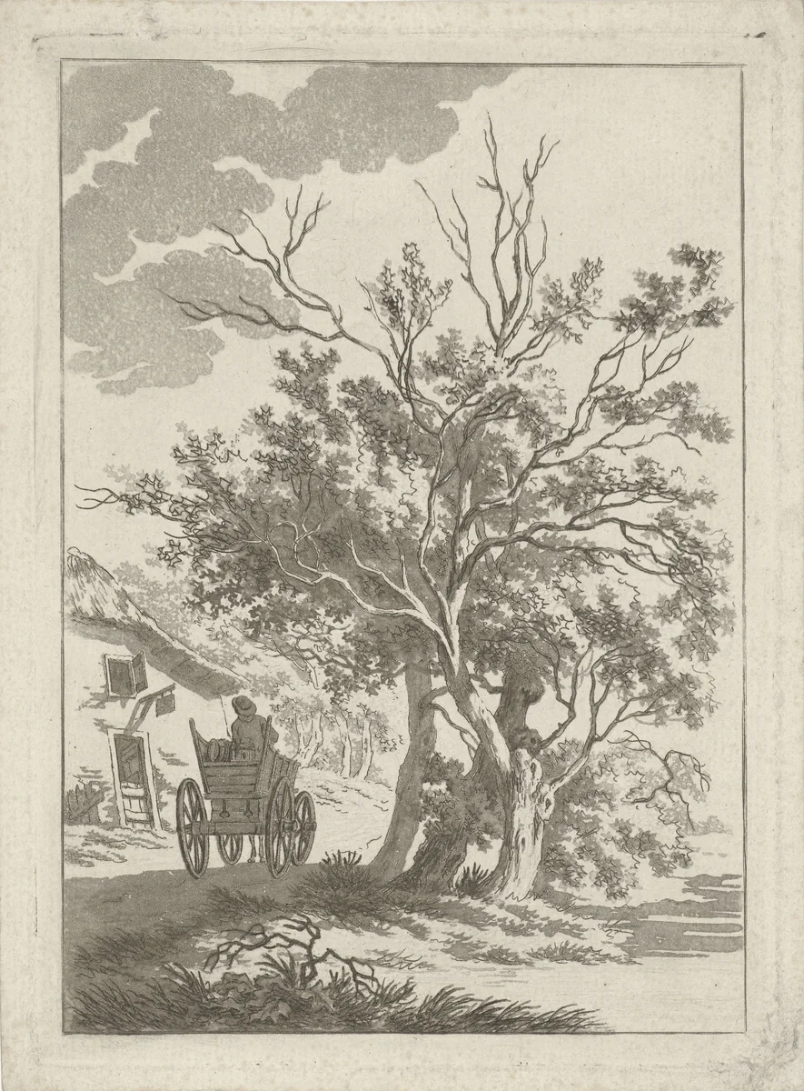 Landschap met boerenwagen bij herberg by Hermanus Fock, print, 1781-1822