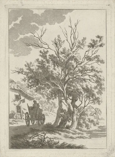 Landschap met boerenwagen bij herberg by Hermanus Fock, print, 1781-1822