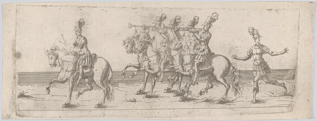Procession, with one man playing a drum atop a horse at front, four men playing trumpets on horses at center, and one man following on foot behind by anonymous, print, 1500-1599