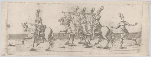 Procession, with one man playing a drum atop a horse at front, four men playing trumpets on horses at center, and one man following on foot behind by anonymous, print, 1500-1599