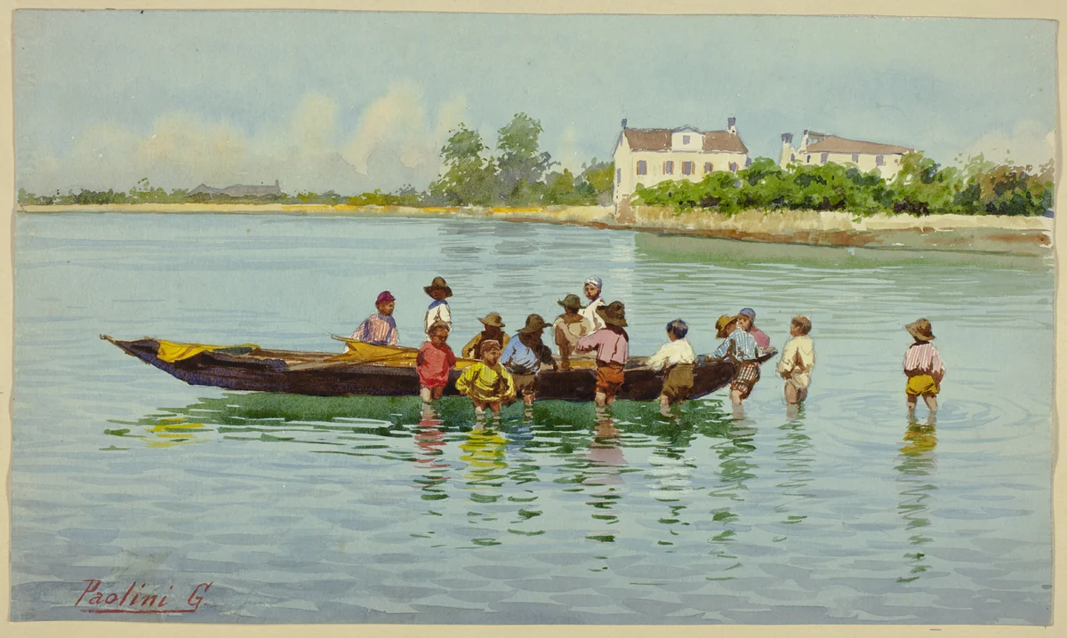 Children with Boat on Venetian Lagoon by G. Paolini, painting, 1850-1899