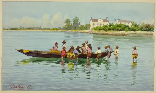 Children with Boat on Venetian Lagoon by G. Paolini, painting, 1850-1899