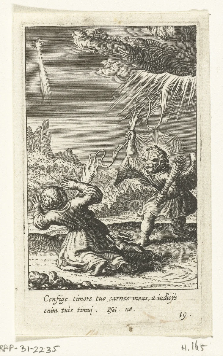 Engel met masker en bliksemschicht maakt kind bang by Boëtius Adamsz. Bolswert, print, 1590-1624