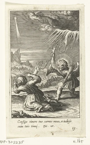 Engel met masker en bliksemschicht maakt kind bang by Boëtius Adamsz. Bolswert, print, 1590-1624