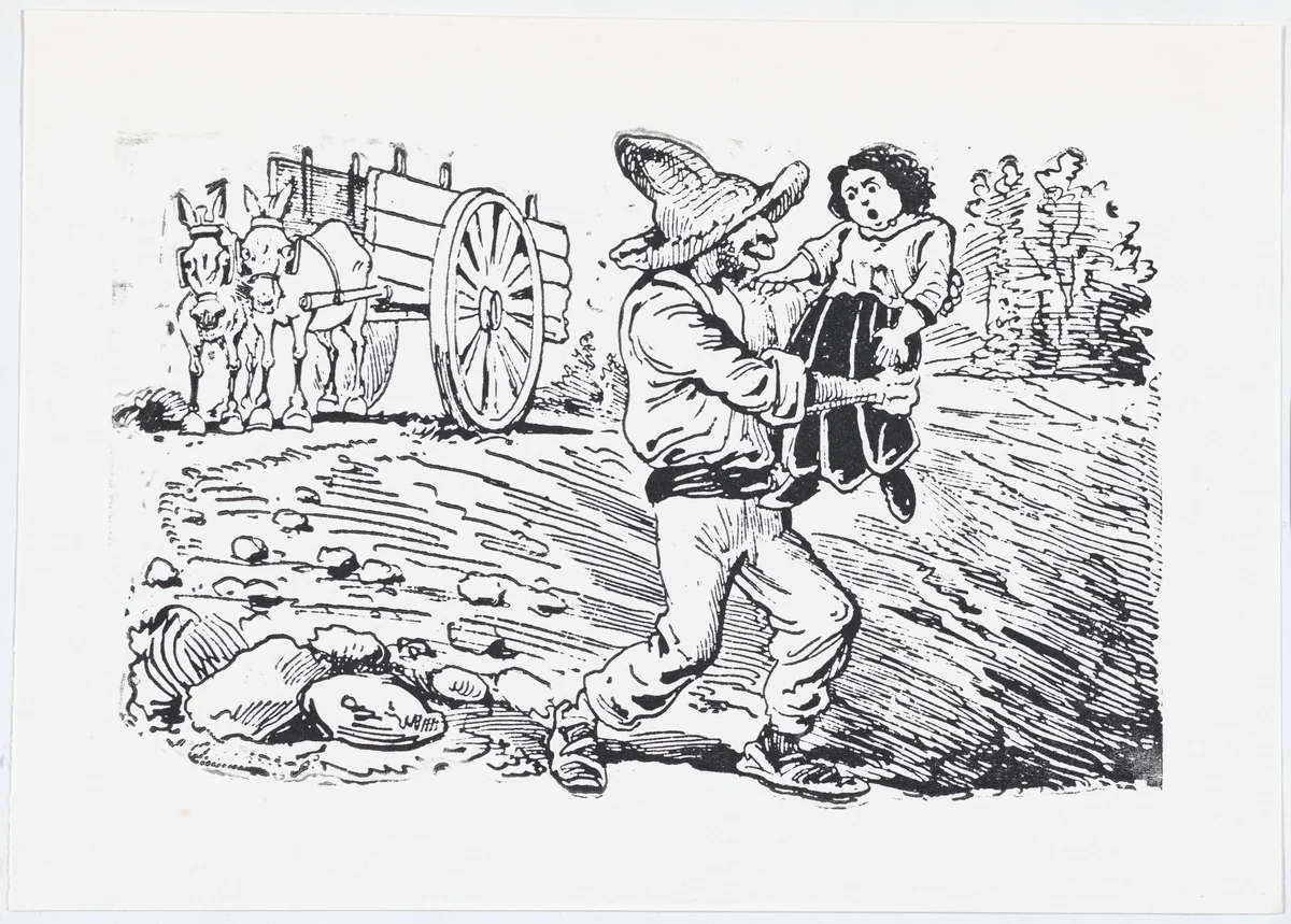 A man in a hat kidnapping a child from a broadside entitled 'Los roba-chicos en acción' by José Guadalupe Posada, print, 1875-1885