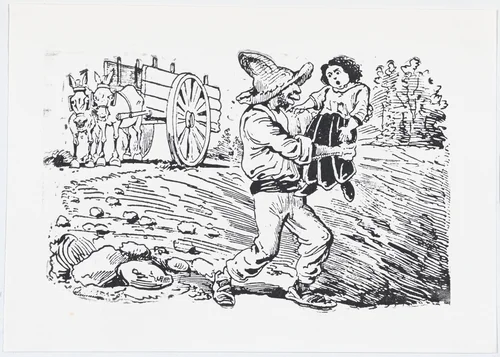 A man in a hat kidnapping a child from a broadside entitled 'Los roba-chicos en acción' by José Guadalupe Posada, print, 1875-1885