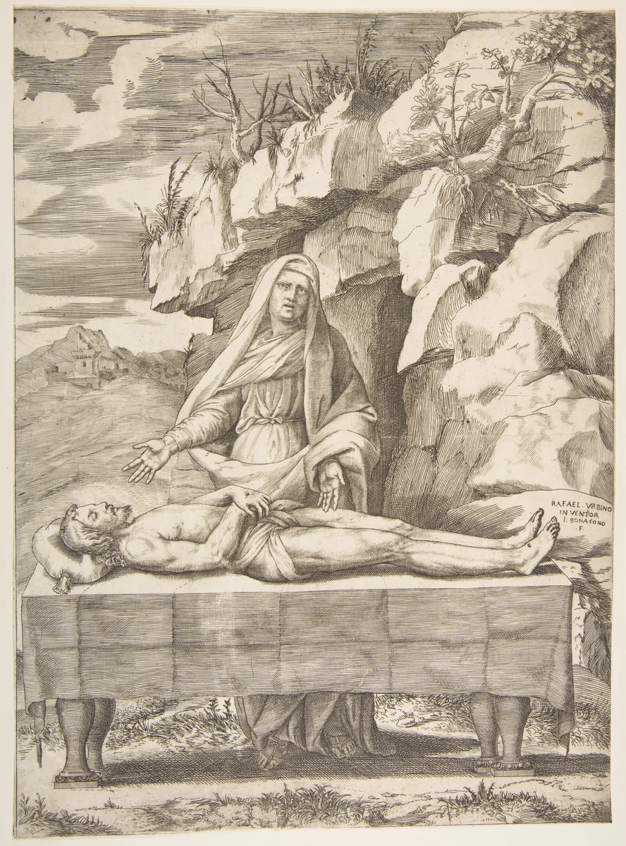 Pietà, Christ stretched out on a table in a landscape, the Virgin standing behind arms open by Giulio Bonasone, print, 1500-1600