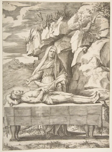 Pietà, Christ stretched out on a table in a landscape, the Virgin standing behind arms open by Giulio Bonasone, print, 1500-1600