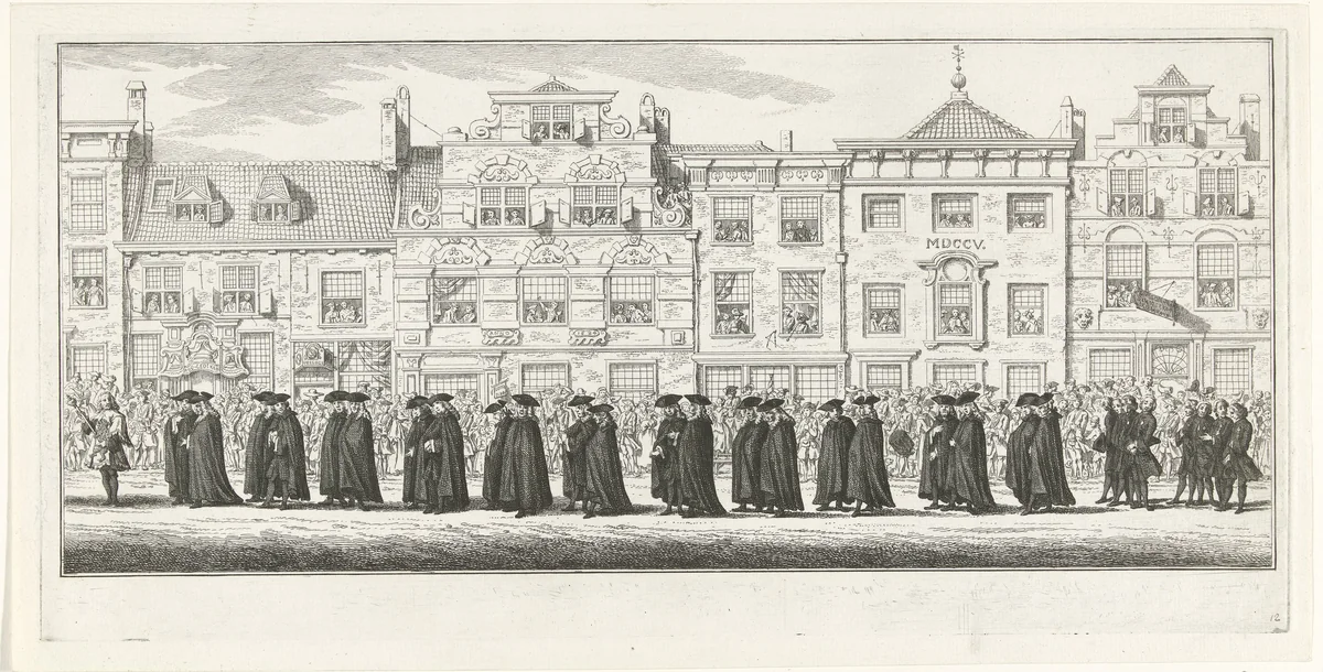 Leden en personeel van de Hoge Raad en Hof van Holland in de lijkstoet van Anna van Hannover te Delft, 1759 by Simon Fokke, print, 1759-1761