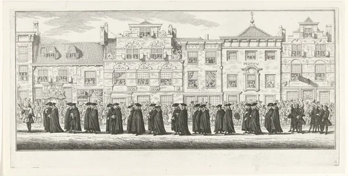 Leden en personeel van de Hoge Raad en Hof van Holland in de lijkstoet van Anna van Hannover te Delft, 1759 by Simon Fokke, print, 1759-1761