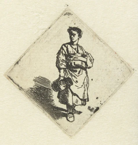 Staande vrouw met kruik in rechterhand by Cornelis Pietersz. Bega, print, 1642-1664
