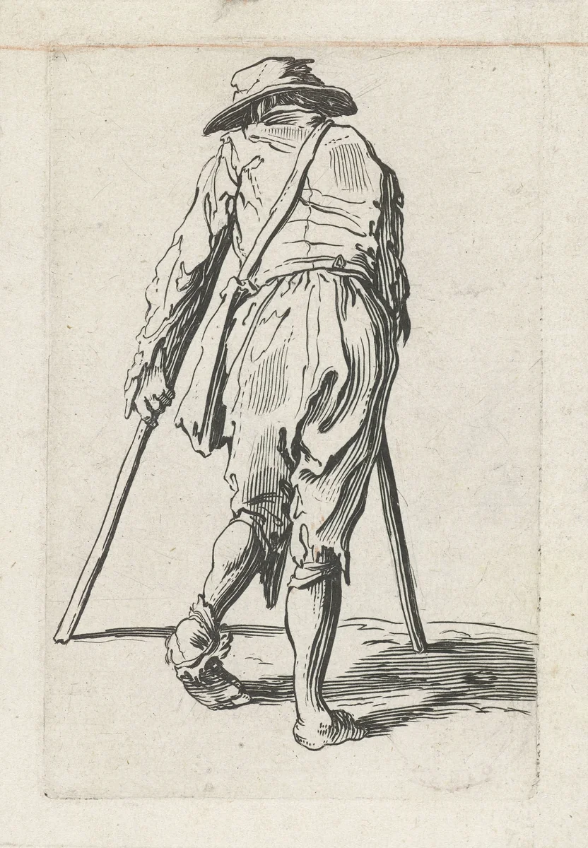 Bedelaar met krukken, op de rug gezien by anonymous, print, 1622-1670