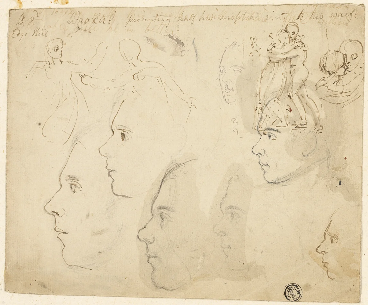 Sketches of Male Profiles, Couple Embracing by Thomas Stothard, drawing, 1775-1834