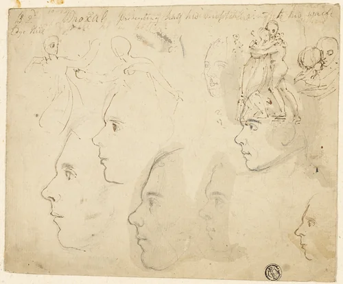 Sketches of Male Profiles, Couple Embracing by Thomas Stothard, drawing, 1775-1834