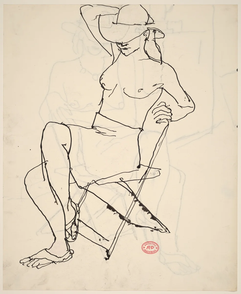 Untitled [partially nude woman seated wearing a hat] [recto] by Richard Diebenkorn, drawing, 1955-1967