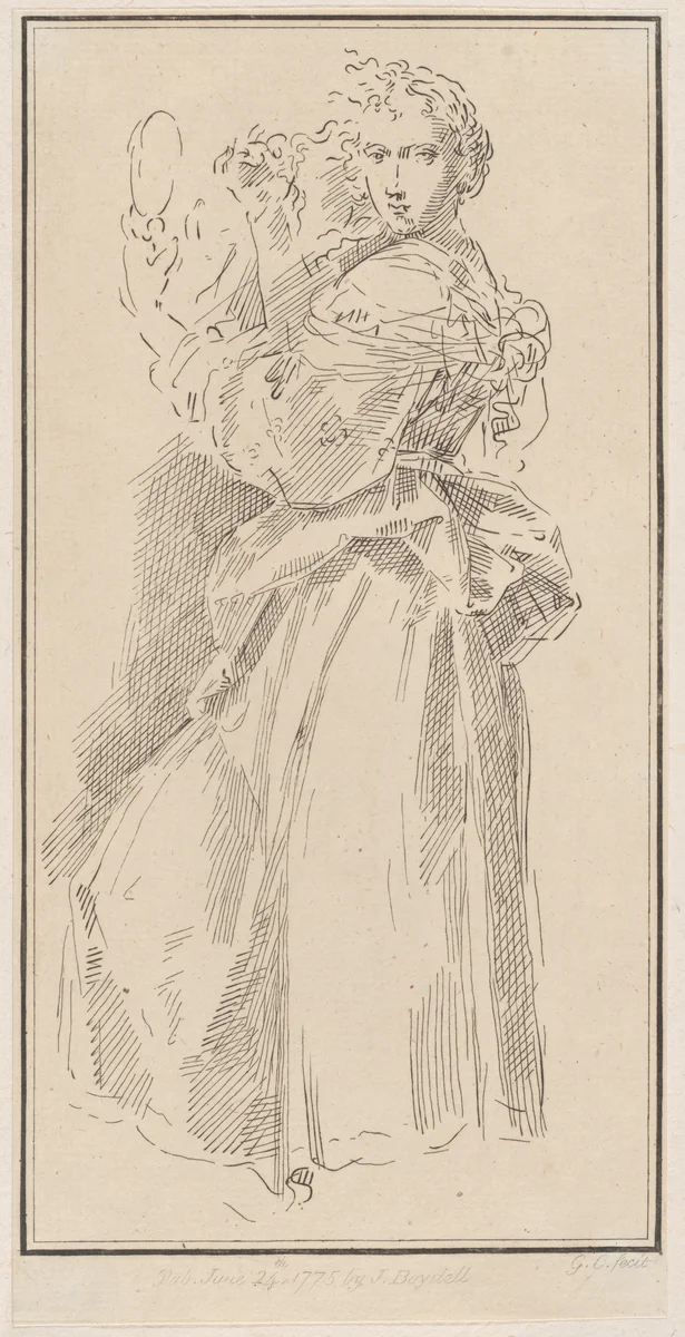 Woman standing holding a mirror by Giuseppe Canale, print, 1775