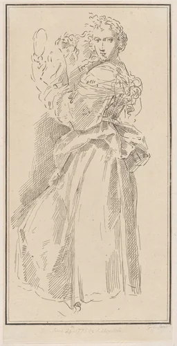 Woman standing holding a mirror by Giuseppe Canale, print, 1775