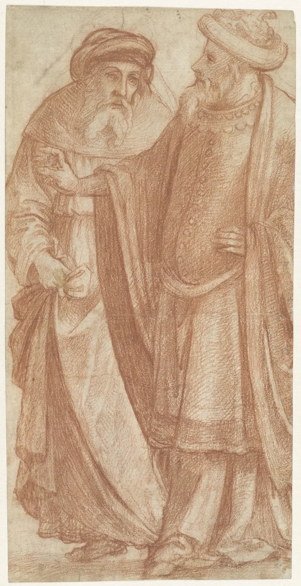 Twee staande oosterlingen in gesprek by anonymous, drawing, 1500-1540