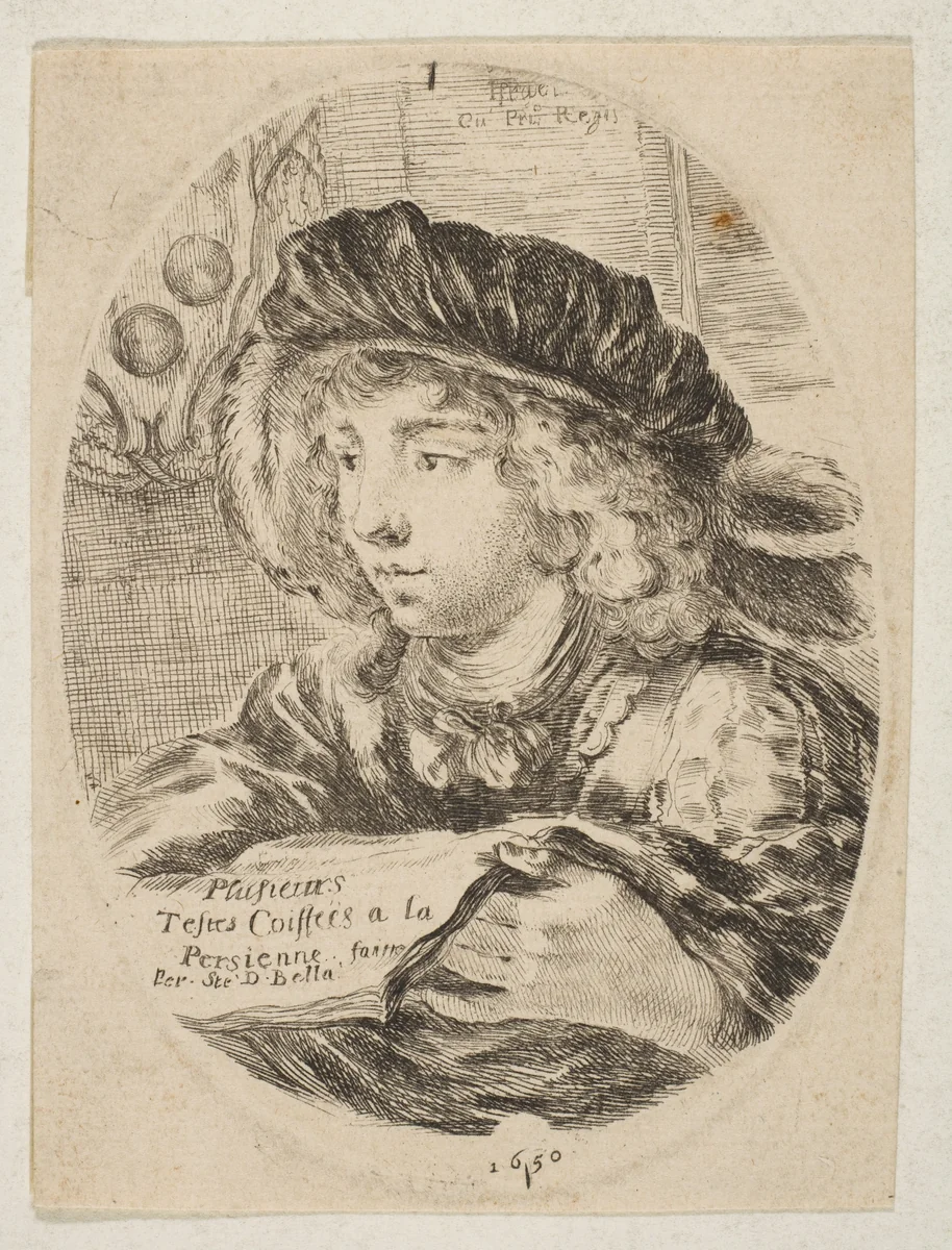 A bust of a young man wearing a cap with feathers, turned three-quarters to the left, the coat of arms of the Grand Duke of Tuscany in top left, title page from 'Several heads in the Persian style' (Plusieurs têtes coiffées à la persienne) by Stefano della Bella, print, 1650