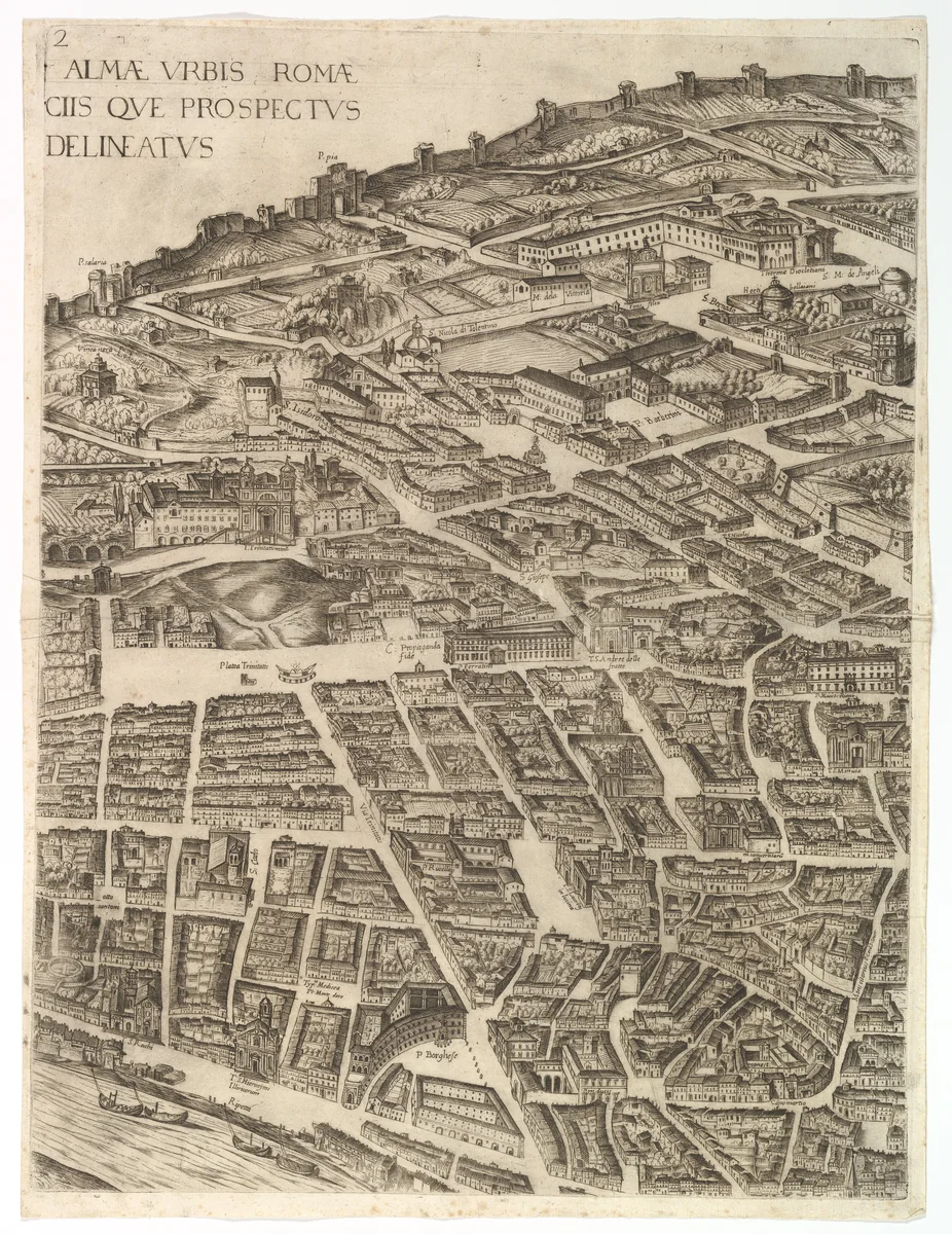 Plan of the City of Rome. Part 2 with the Trinità dei Monti, Palazzo Borghese and the Baths of Diocletian by Antonio Tempesta, print, 1645