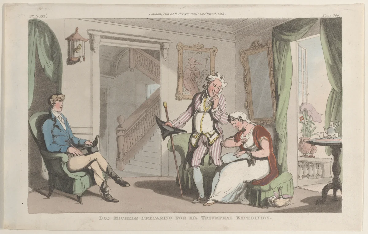 Don Michele Preparing for his Triumphal Expedition by Thomas Rowlandson, print, 1815