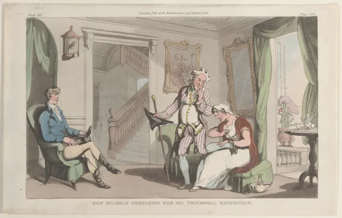 Don Michele Preparing for his Triumphal Expedition by Thomas Rowlandson, print, 1815