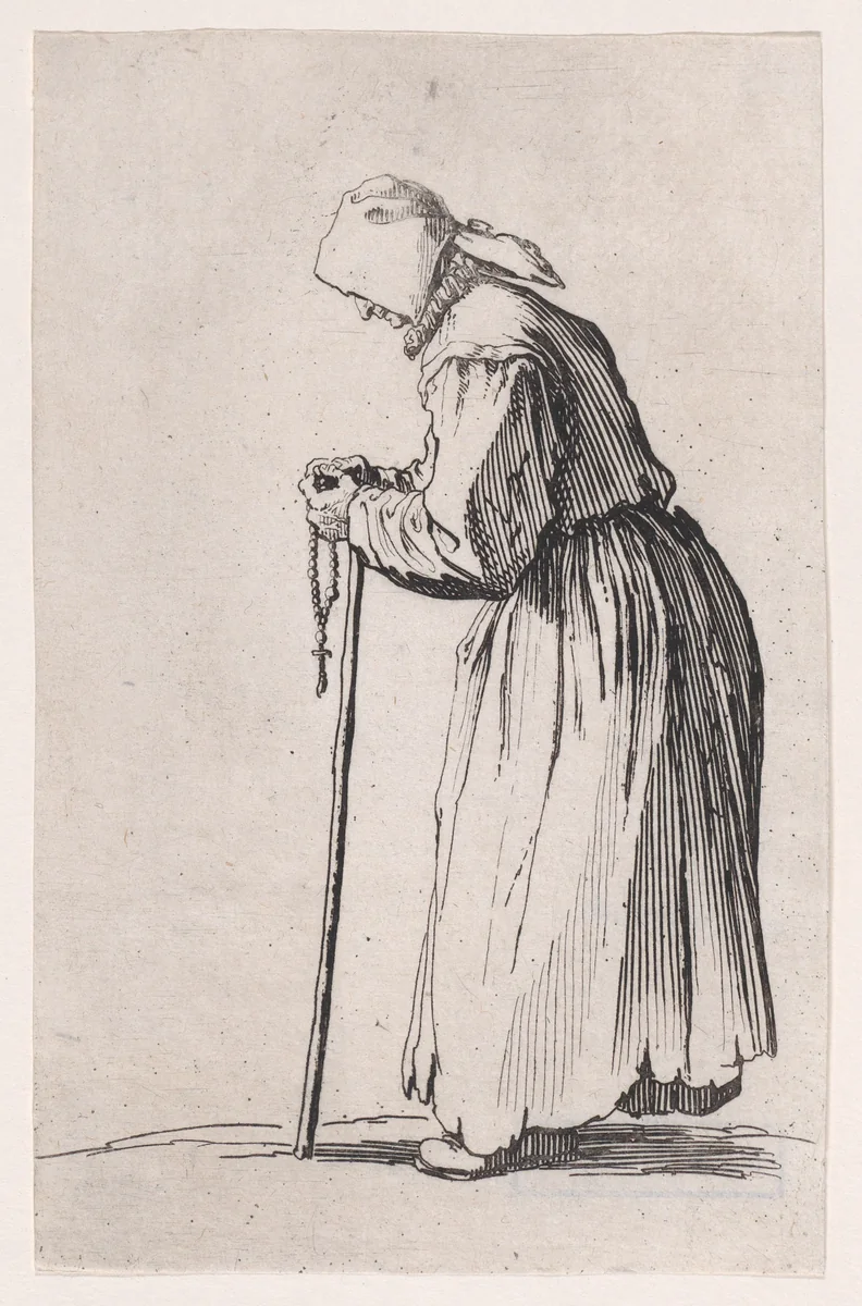 La Mendiante au Rosaire (The Beggar with a Rosary), from "Les Gueux suite appelée aussi Les Mendiants, Les Baroni, ou Les Barons" (The Beggars, also called the Barons) by Jacques Callot, print, 1618-1628