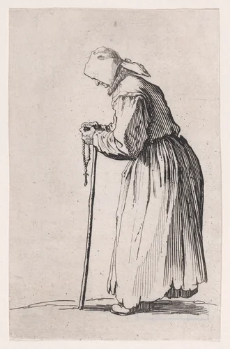 La Mendiante au Rosaire (The Beggar with a Rosary), from "Les Gueux suite appelée aussi Les Mendiants, Les Baroni, ou Les Barons" (The Beggars, also called the Barons) by Jacques Callot, print, 1618-1628
