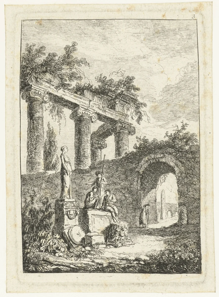 Een beeld voor de ruïne by Hubert Robert, print, 1764-1766