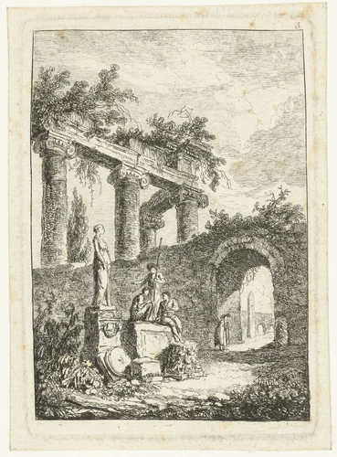 Een beeld voor de ruïne by Hubert Robert, print, 1764-1766