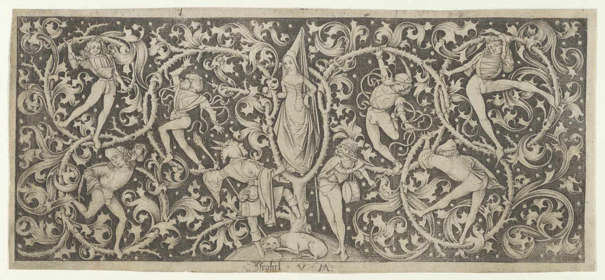 Ornamental Engraving with Morris Dancers by Israhel van Meckenem, print, 1450-1503