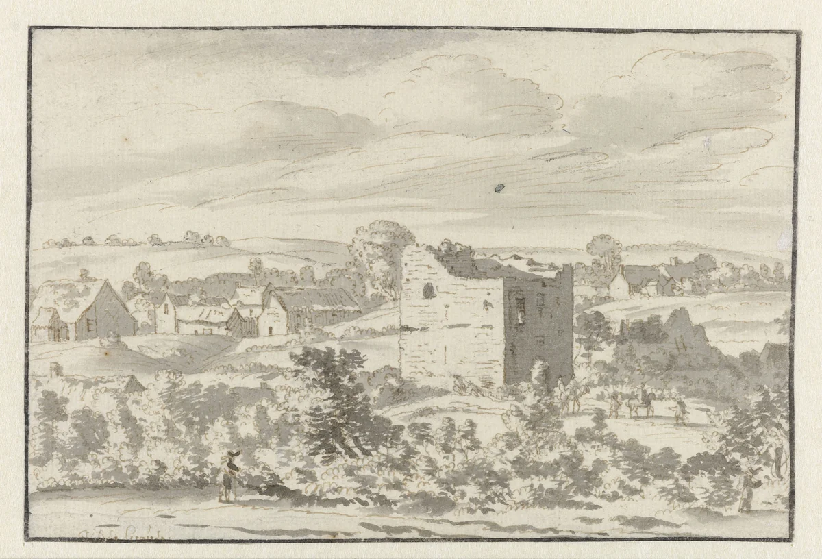 A Ruin in a Landscape by Josua de Grave, drawing, 1676