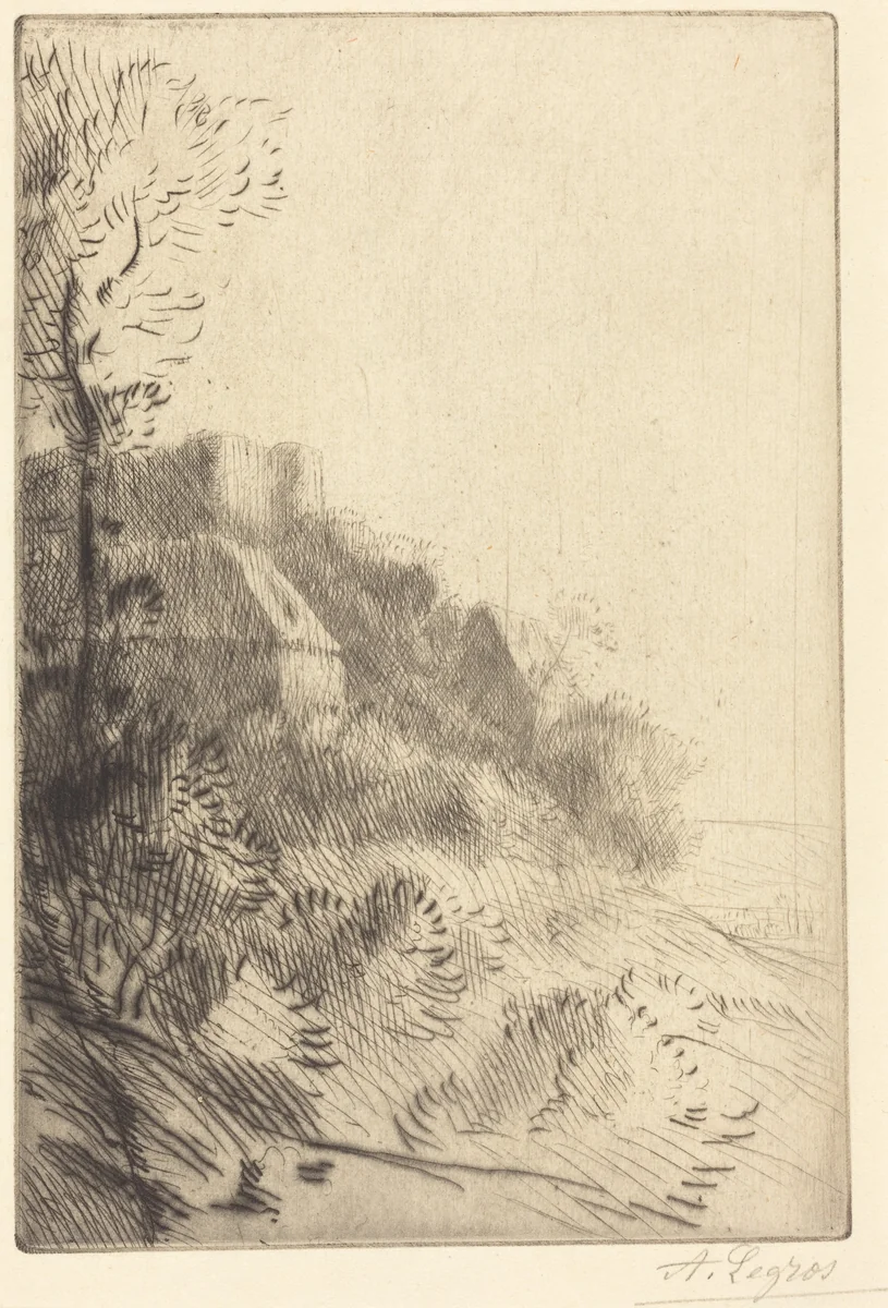 Farm on a Hillside in Sunlight (La ferme du coteau; Effet de soleil sur le coteau) by Alphonse Legros, print, 1837-1911