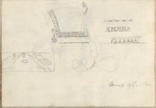Carved panel and ornament (Smaller Italian sketchbook, leaf 9 recto) by Joseph Wright, drawing, 1774-1775