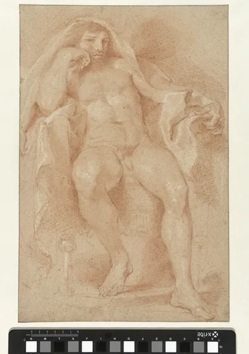 Model Study of a Seated Nude Man with a Cloak over his Head by Andrea Sacchi, drawing, 1630