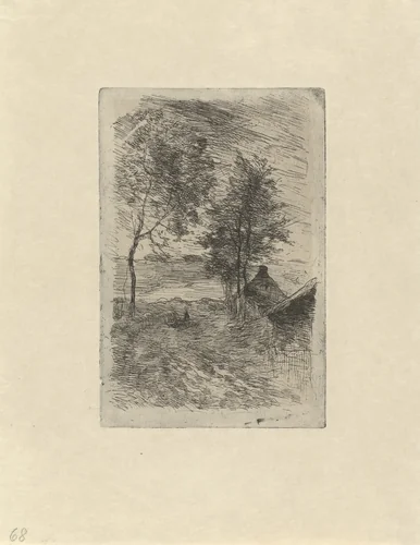 Landschap met bomen en een huis by Anton Mauve, print, 1848-1888