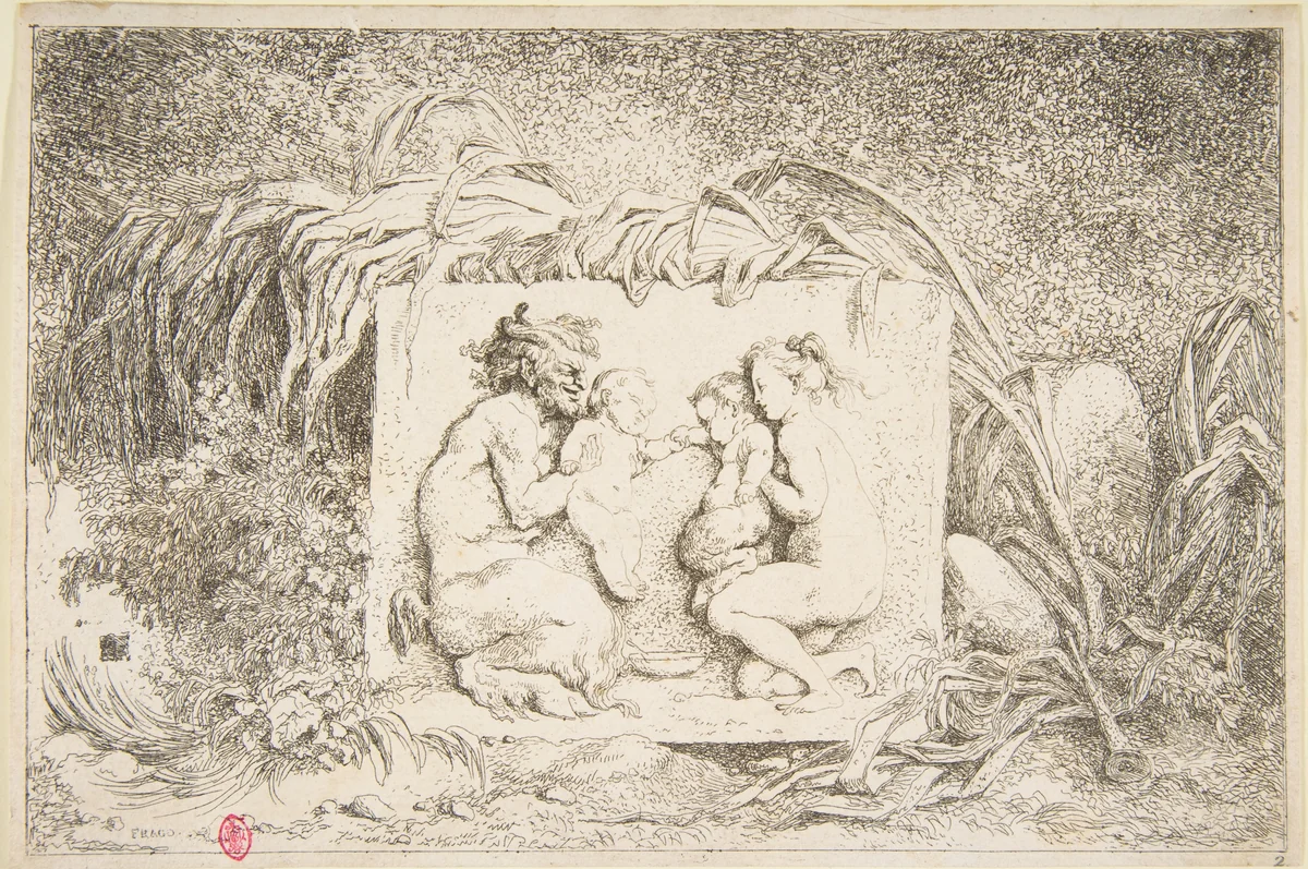 Bacchanale - Satyr and Nymph with Infant and Infant Satyr by Jean Honoré Fragonard, print, 1745-1806