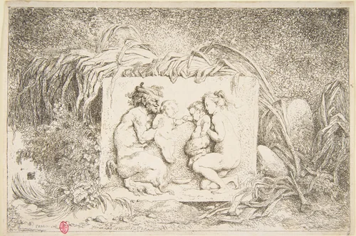 Bacchanale - Satyr and Nymph with Infant and Infant Satyr by Jean Honoré Fragonard, print, 1745-1806