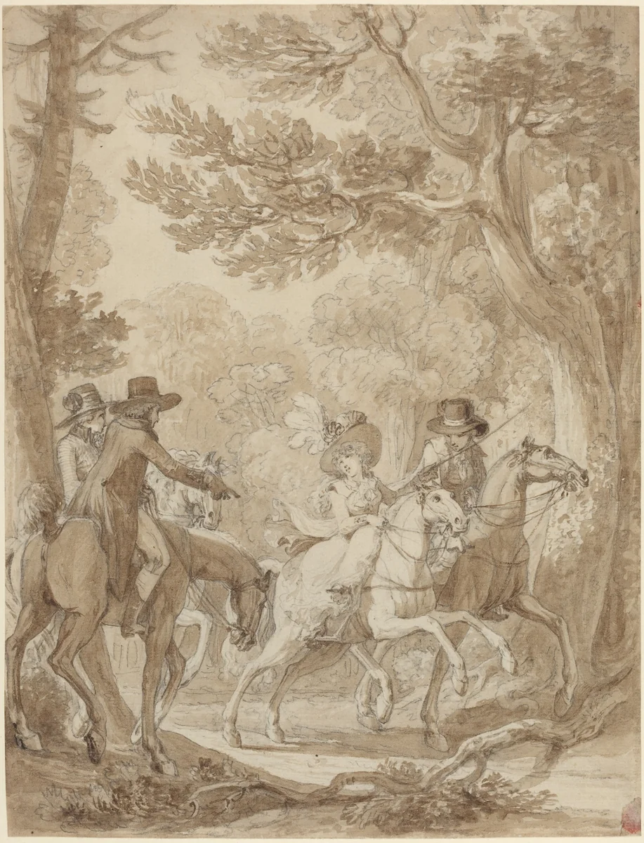 Lady and Gentlemen Riding in a Park by Jean Michel Moreau, drawing, 1741-1814