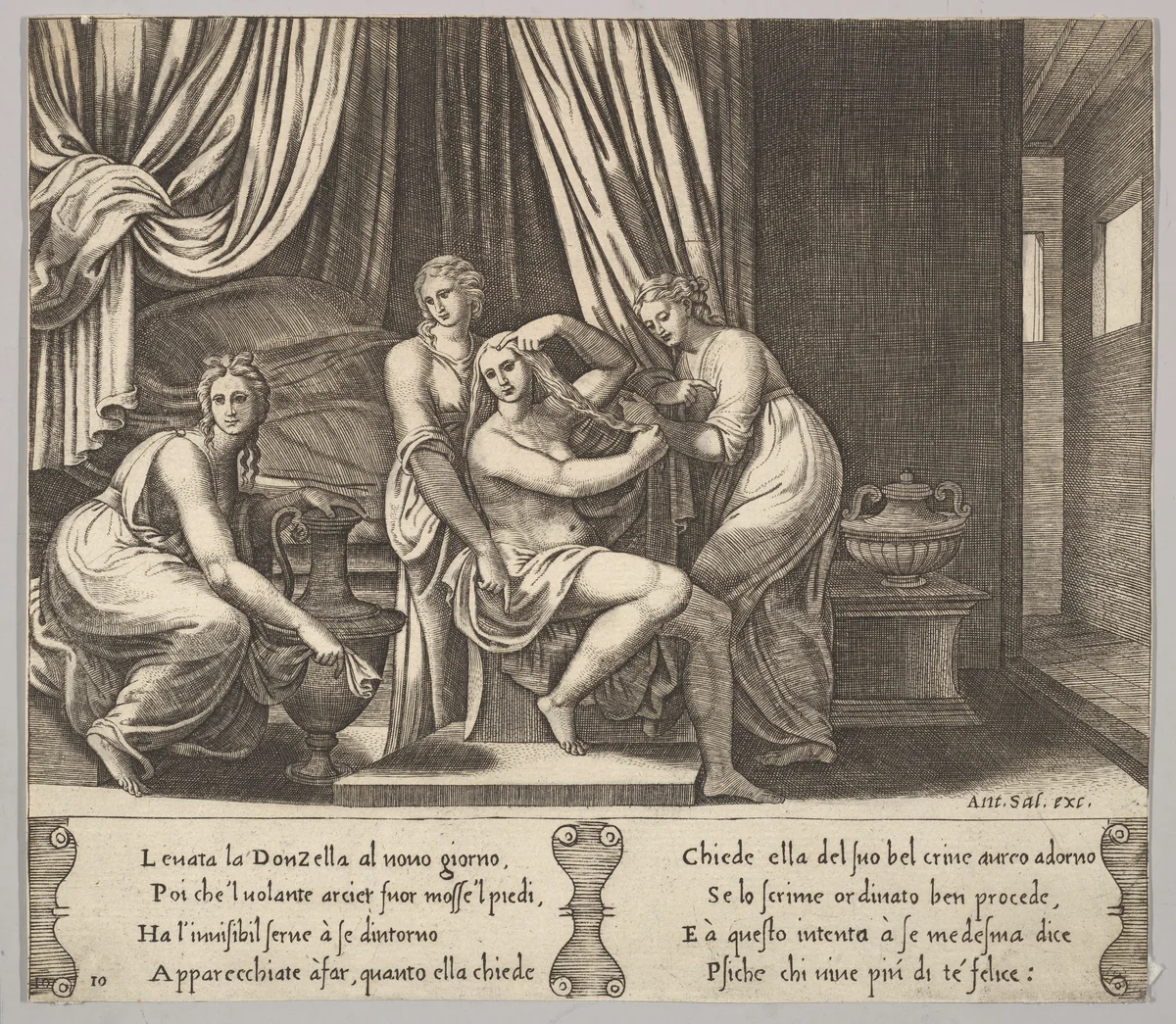 Plate 10: nymphs assisting Psyche to dress her hair, from "The Fable of Psyche" by Master of the Die, print, 1530-1560