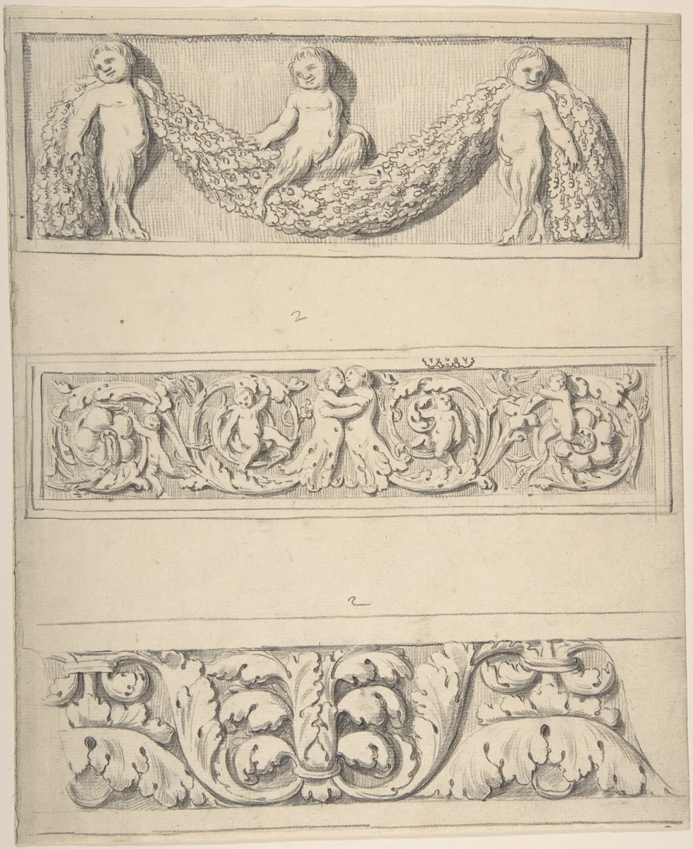 Three Frieze Designs with Young Satyrs, Leaves, Vines, and Putti by Thomas Hardwick, drawing, 1776-1779